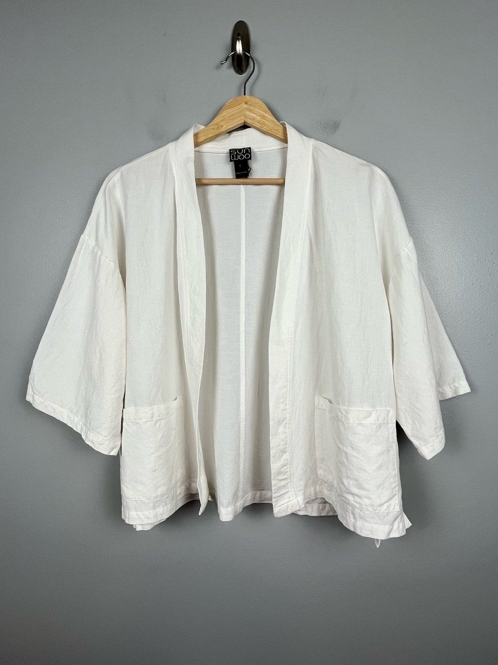Clara Sun Woo white open front boxy viscose linen cotton lightweight jacket, L.
